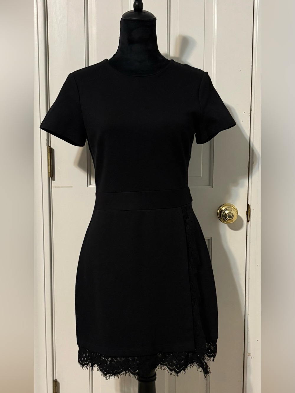 French Connection Black Short-Sleeve Dress with Lace Trim